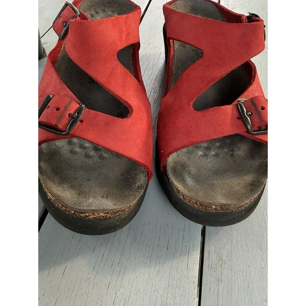 Mephisto Red Leather Nubuck Wedge Slide Sandals Shoes Womens Size EU 38 US 7